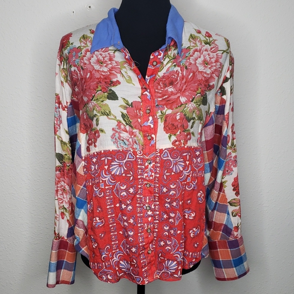 Aratta Silent Journey Indepence Day Dolman Sleeves Shirt Size M Boho Patchwork - Picture 4 of 16